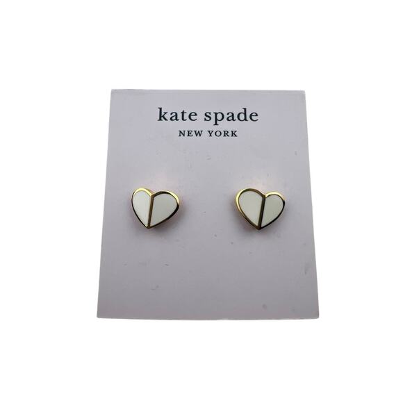 Kate Spade Heritage White Enamel Gold Tone Stud Heart Pierced Earrings on Card - Picture 1 of 6